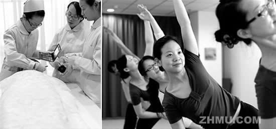 左：遗体整容师在为逝者化妆；右：工作之余练习瑜伽。